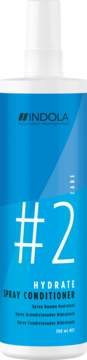 Indola Hydrate Spray Conditioner #2 w niebieskiej butelce z białym napisem, widok z przodu, 300 ml.