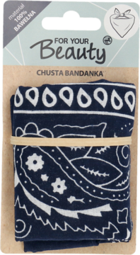 Bandanka For Your Beauty 100% bawełna, granatowa z białym wzorem paisley, złożona i owinięta gumką.