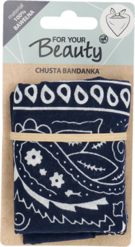 Bandanka For Your Beauty 100% bawełna, granatowa z białym wzorem paisley, złożona i owinięta gumką.