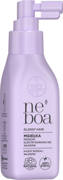 Fioletowa Neboa Glossy Hair Mgiełka, 98% naturalna, przeciw elektryzowaniu się włosów, z pompką, widok z przodu.