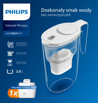 Philips AWF2938WH, biało-przezroczysty dzbanek filtrujący 2.6L z filtrem Micro X-Clean, widok z przodu.