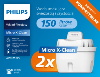Philips Micro X-Clean, zestaw 2 białych filtrów wody, redukcja chloru i kamienia, widok z przodu.