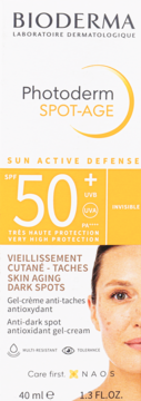 BIODERMA Photoderm SPOT-AGE SPF 50+, krem na przebarwienia, białe opakowanie, żółty pasek SPF 50+, front.