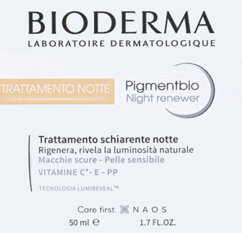 Bioderma Pigmentbio Night Renewer, rozjaśniający krem na noc, etykieta z białym tłem, pomarańczowym akcentem.
