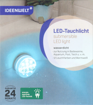 IDEENWELT LED-Tauchlicht, opakowanie z widokiem wodoodpornej lampy LED świecącej na niebiesko w basenie.