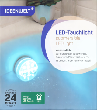 Wodoodporna lampa LED Ideenwelt, biała, okrągła, świeci na niebiesko w wodzie, widoczna na pudełku.