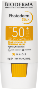 Biały sztyft przeciwsłoneczny Bioderma Photoderm SPF 50+ do twarzy i wrażliwych obszarów, widok z przodu.