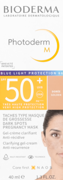 Bioderma Photoderm M SPF 50+ Golden żel-krem przeciwsłoneczny na przebarwienia ciążowe, widok z przodu opakowania.