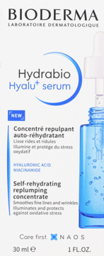 Bioderma Hydrabio Hyalu+ serum, nawilżające i ujędrniające, niebieska butelka z zakraplaczem, widok z przodu.