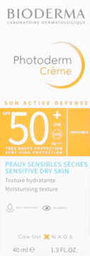 Bioderma Photoderm Crème SPF 50+ krem ochronny do twarzy, skóry suchej i wrażliwej. Białe opakowanie, widok z przodu.