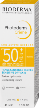 Bioderma Photoderm Crème SPF 50+ do skóry suchej i wrażliwej, biało-pomarańczowe opakowanie, widok z przodu.