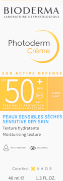 Krem przeciwsłoneczny Bioderma Photoderm Crème SPF 50+ Light do suchej i wrażliwej skóry, białe opakowanie.