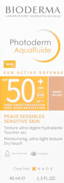 Białe opakowanie Bioderma Photoderm Aquafluide SPF 50+ Golden, ultra-lekki fluid dry touch do skóry wrażliwej.
