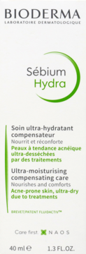 Białe opakowanie kremu Bioderma Sébium Hydra, nawilżający do cery trądzikowej, widok z przodu, zielone akcenty.