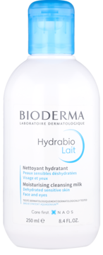 Bioderma Hydrabio Lait nawilżające mleczko oczyszczające w białej butelce z niebieską nakrętką, widok z przodu.