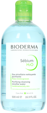 Bioderma Sébium H2O purifying micellar water for oily skin in a clear bottle with green cap, front view, 500 ml.