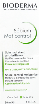Bioderma Sébium Mat Control, matujący krem nawilżający, białe opakowanie z zielonymi detalami, widok z przodu.