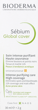 Bioderma Sébium Global Cover, krem koloryzujący do cery trądzikowej z wysokim kryciem, białe opakowanie, z przodu.