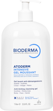 Biała butelka Bioderma Atoderm Intensive Gel Moussant 1L z pompką, front, żel myjący do skóry atopowej.