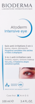 Bioderma Atoderm Intensive Eye 3w1 krem do powiek, białe pudełko z niebieskimi akcentami, widok z przodu.
