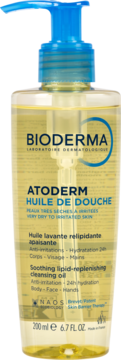 Bioderma Atoderm łagodzący olejek pod prysznic 200ml do suchej skóry, w butelce z niebieską pompką, przód.