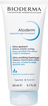Bioderma Atoderm Intensive żel myjący dla skóry wrażliwej i atopowej, w białej tubce z niebieskim logo, widok z przodu.