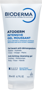 Biała tubka Bioderma Atoderm Intensive Gel Moussant 200 ml, front, niebieskie napisy, do skóry atopowej.