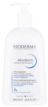 Biała butelka Bioderma Atoderm Intensive gel moussant 500ml z pompką do skóry suchej, widok z przodu.