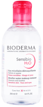 Bioderma Sensibio H2O płyn micelarny do demakijażu w przezroczystej butelce z różową zakrętką, widok z przodu.