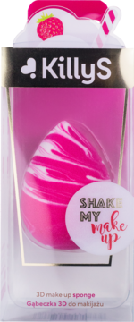 KillyS Shake My Make Up 3D gąbeczka do makijażu, różowo-białe wzory, eliptyczny kształt w opakowaniu.