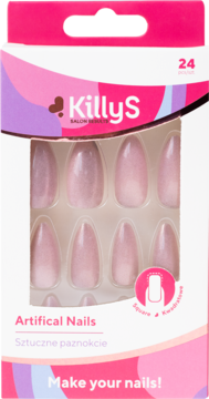 KillyS Artificial Nails w opakowaniu, beżowe migdałowe z efektem kociego oka, 24 sztuki. Widok z przodu.