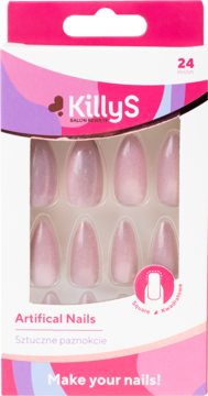 KillyS Artificial Nails w opakowaniu, beżowe migdałowe z efektem kociego oka, 24 sztuki. Widok z przodu.