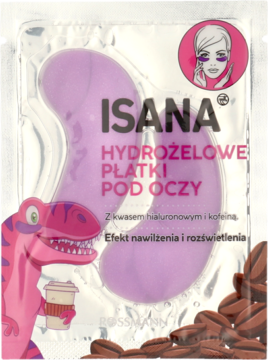 Fioletowe Isana Hydrożelowe Płatki pod Oczy, z kwasem hialuronowym, kofeiną, w opakowaniu z dinozaurem.