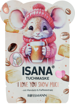 Isana Tuchmaske I Love You Snow Much. Opakowanie w kształcie myszki z kawą, karmelem i migdałem.