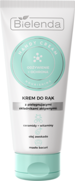 Bielenda Handy Cream, biała tubka odżywczego kremu do rąk z ceramidami i awokado, widok z przodu.