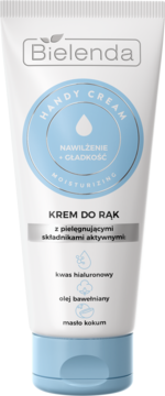 Bielenda Handy Cream, biała tubka z niebieską nakrętką, nawilżający krem do rąk z kwasem hialuronowym.