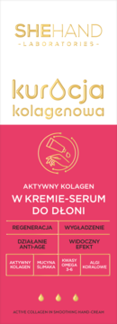 SHEHAND kolagenowa kuracja do dłoni, biało-fuksjowe pionowe opakowanie, złote krople i ikona dłoni z kremem.