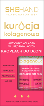 Różowe opakowanie SHEHAND kolagenowych kropli do dłoni, widok z przodu, złoty napis i zalety produktu.