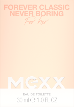 Frontowy widok opakowania perfum MEXX Forever Classic Never Boring dla niej, 30ml, z białymi napisami na brzoskwiniowym tle.