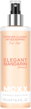 MEXX Elegant Mandarin & Praline body splash 250ml. Light peach bottle with silver cap, front view.