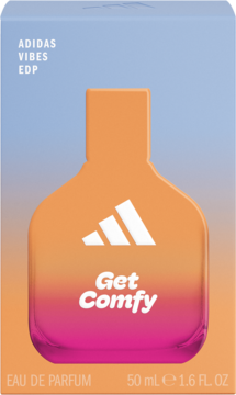 Adidas Vibes Get Comfy EDP w gradientowej butelce (pomarańczowo-różowa) i niebiesko-pomarańczowym pudełku. Widok z przodu.