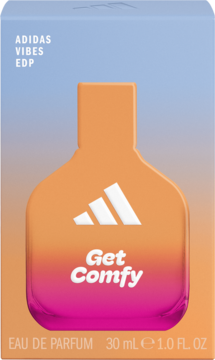 Kartonik perfum Adidas Vibes Get Comfy EDP 30ml z grafiką pomarańczowo-różowego flakonu na niebieskim tle.