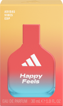 Przednie opakowanie Adidas Vibes Happy Feels EDP 30ml, z wizerunkiem butelki w cieniowanych barwach od czerwieni do błękitu.