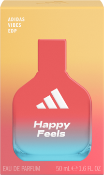 Adidas Vibes Happy Feels EDP, 50ml, butelka w gradientach różu i błękitu, w barwnym pudełku, widok z przodu.