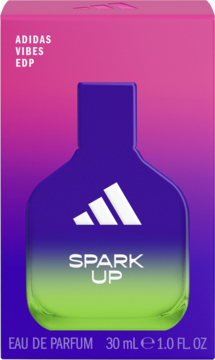 Adidas Vibes Spark Up EDP damska, flakon z purpurowo-zielonym gradientem w różowo-purpurowym opakowaniu, widok z przodu.