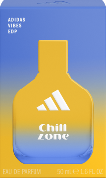 Adidas Vibes Chill Zone EDP, niebiesko-żółta butelka perfum z logo Adidas, widok z przodu w gradientowym kartoniku.