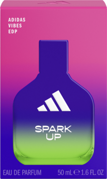 Woda perfumowana Adidas Vibes Spark Up 50ml, butelka w gradientach fioletu i zieleni, w różowo-fioletowym pudełku.