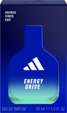 Adidas Vibes Energy Drive EDP, niebieski flakon perfum z napisem Energy Drive i białym logo, w ciemnoniebieskim opakowaniu.