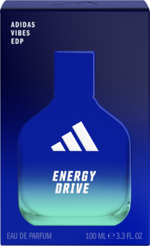 Adidas Vibes Energy Drive EDP w niebieskim pudełku, z butelką z niebiesko-turkusowym gradientem i białym logo.