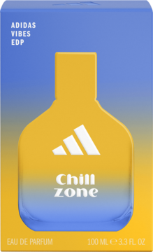 Front view of Adidas Vibes Chill Zone EDP in blue and yellow box with yellow bottle silhouette and logo.